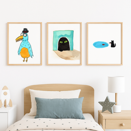 Set of 3 Whimsical Funny Art Prints | Colorful Gallery Wall Decor for Kids Room or Nursery | Playful Wall Art