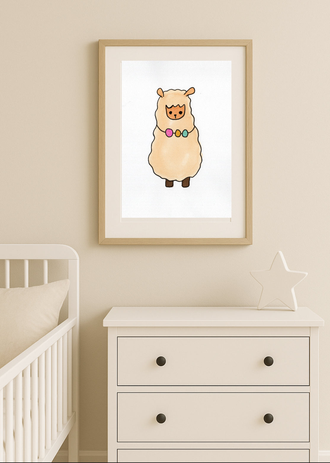 Cute Fluffy Sheep Wall Art Print | Kawaii Animal Nursery Decor | Neutral Kids Room Illustration | Playful Cartoon Farm Animal Artwork