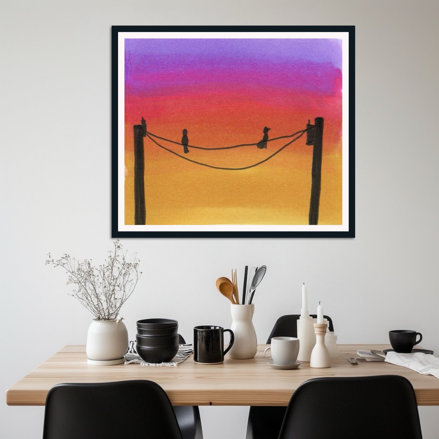 Birds on a Wire Sunset Print – Vibrant Silhouette Wall Art, Purple Orange Sky Decor