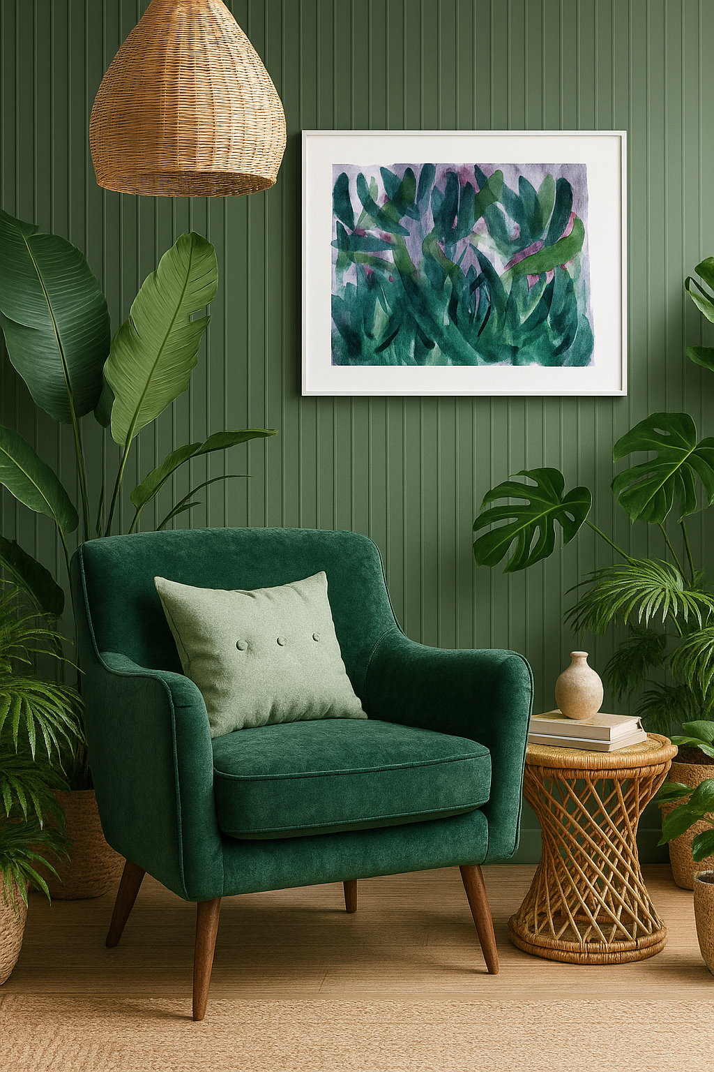 Abstract Botanical Watercolor Art Print – Green & Purple Leaf Design
