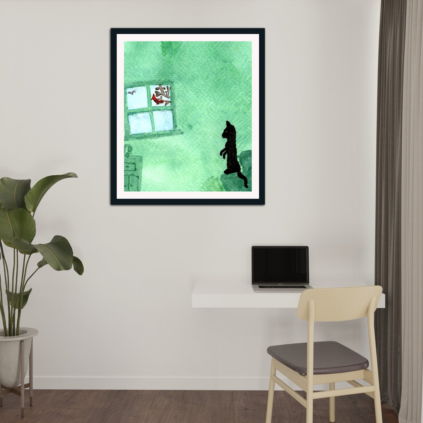 Whimsical Black Cat Watercolor Art – Surreal Animal Illustration