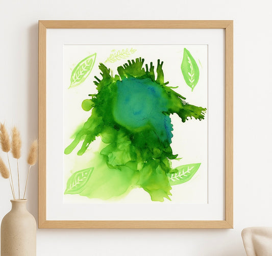 Green & Blue Botanical Abstract Alcohol Ink Print – Nature-Inspired Modern Wall Art