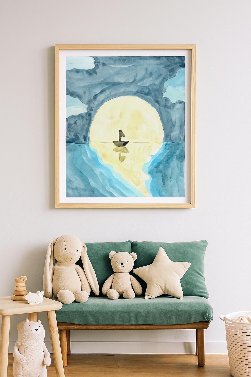 Moonlight Sailboat Watercolor Print – Minimalist Nautical Wall Art, Peaceful Ocean Night Scene