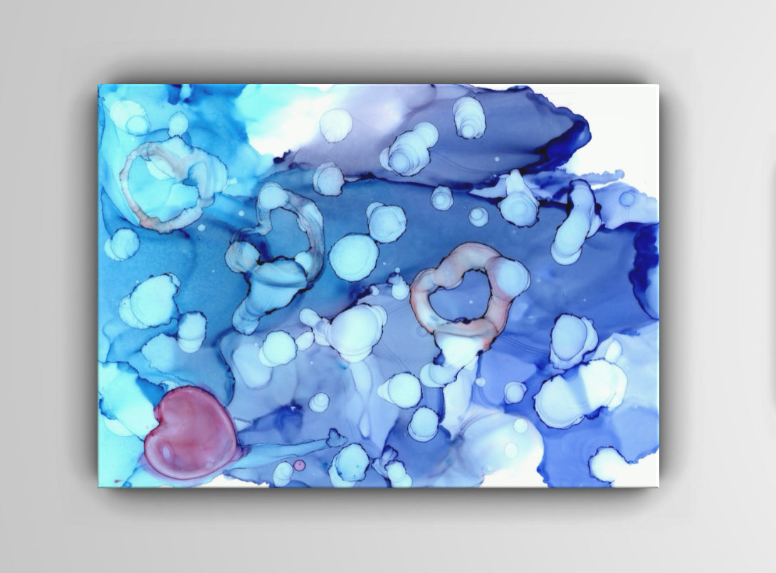 Blue Abstract Fluid Art Print – Heart-Themed Alcohol Ink Painting for Calm & Love