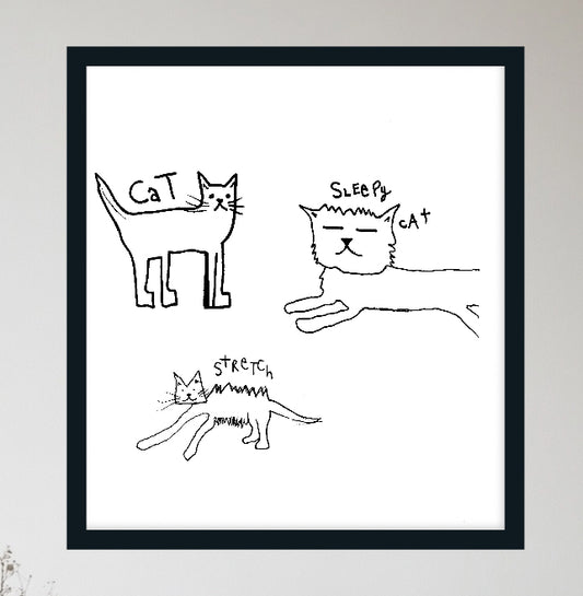 Quirky Cat Art Print – Funny Minimalist Cat Drawing, Stretchy Sleepy Cats Wall Decor, Whimsical Line Art Illustration