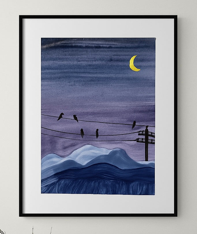 Night Birds on Wires Watercolor Print – Moonlit Mountain Landscape Wall Art