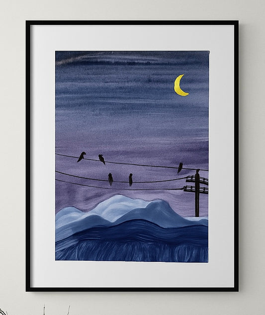 Night Birds on Wires Watercolor Print – Moonlit Mountain Landscape Wall Art