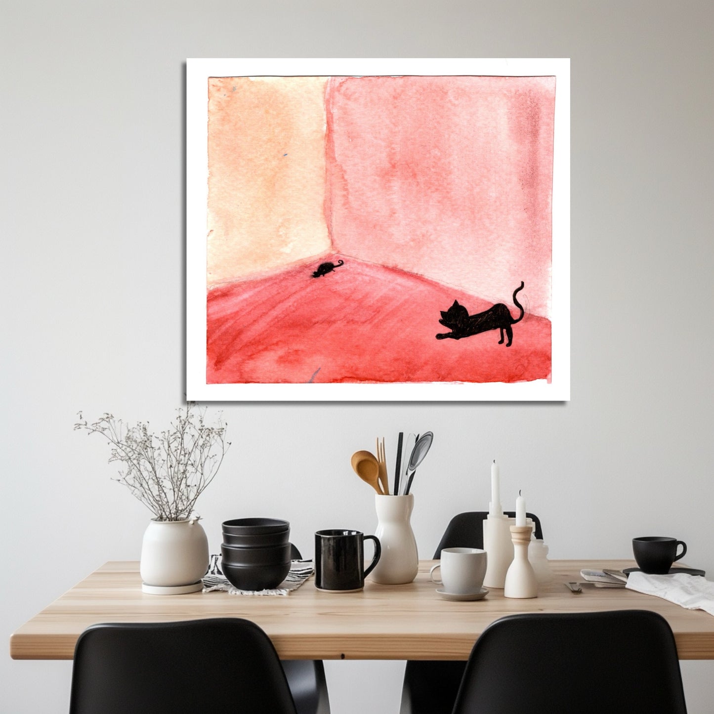 Whimsical Cat and Mouse Watercolor Print – Minimalist Red Room Art