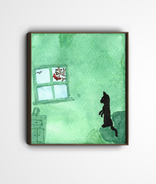 Whimsical Black Cat Watercolor Art – Surreal Animal Illustration