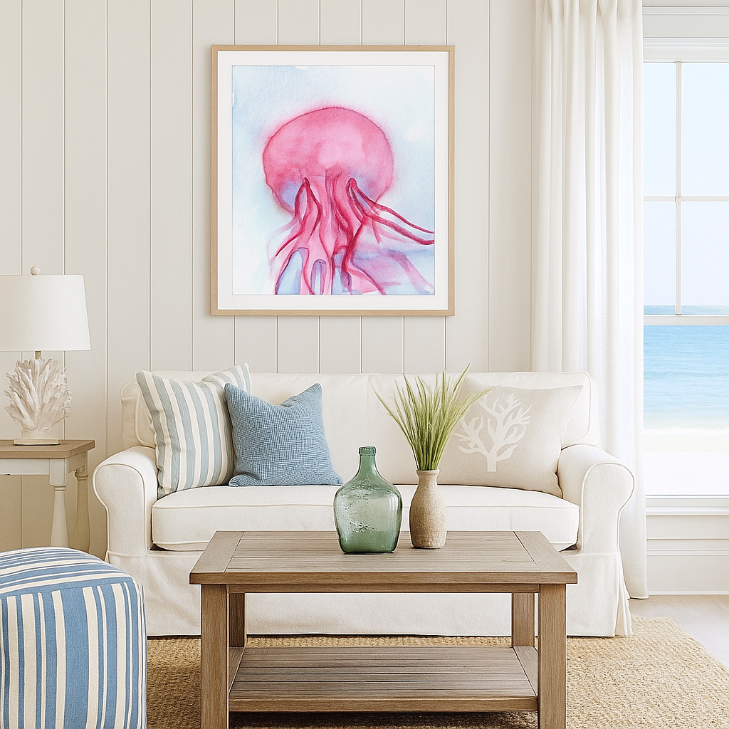 Pink Jellyfish Watercolor Art Print – Coastal Wall Decor, Ocean Nursery Art, Marine Sea Life Painting