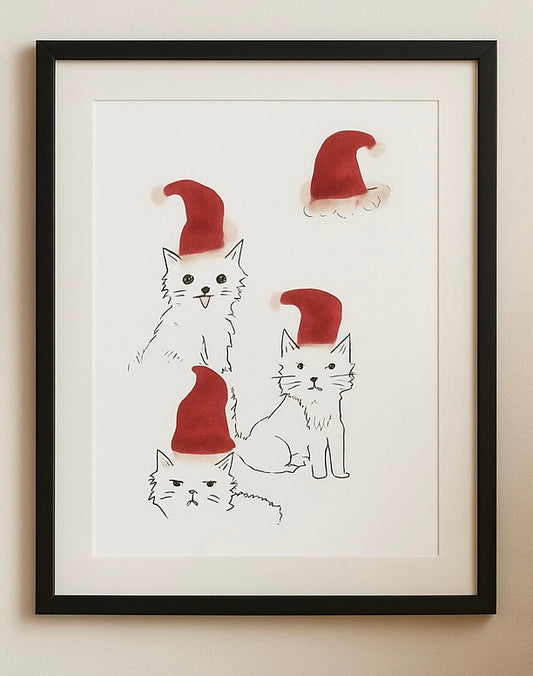Christmas Cat Art Print – Cute Hand-Drawn Cats in Santa Hats – Funny Holiday Decor, Cat Lover Gift, Whimsical Xmas Wall Art