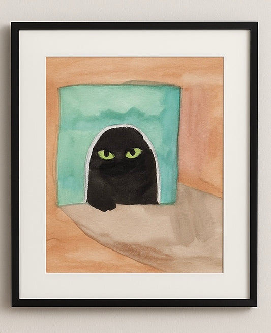 Mystery Black Cat Art Print – Green Eyes Cat Watercolor Print – Whimsical Feline Wall Decor – Cat Lover Gift – Spooky Cat Poster