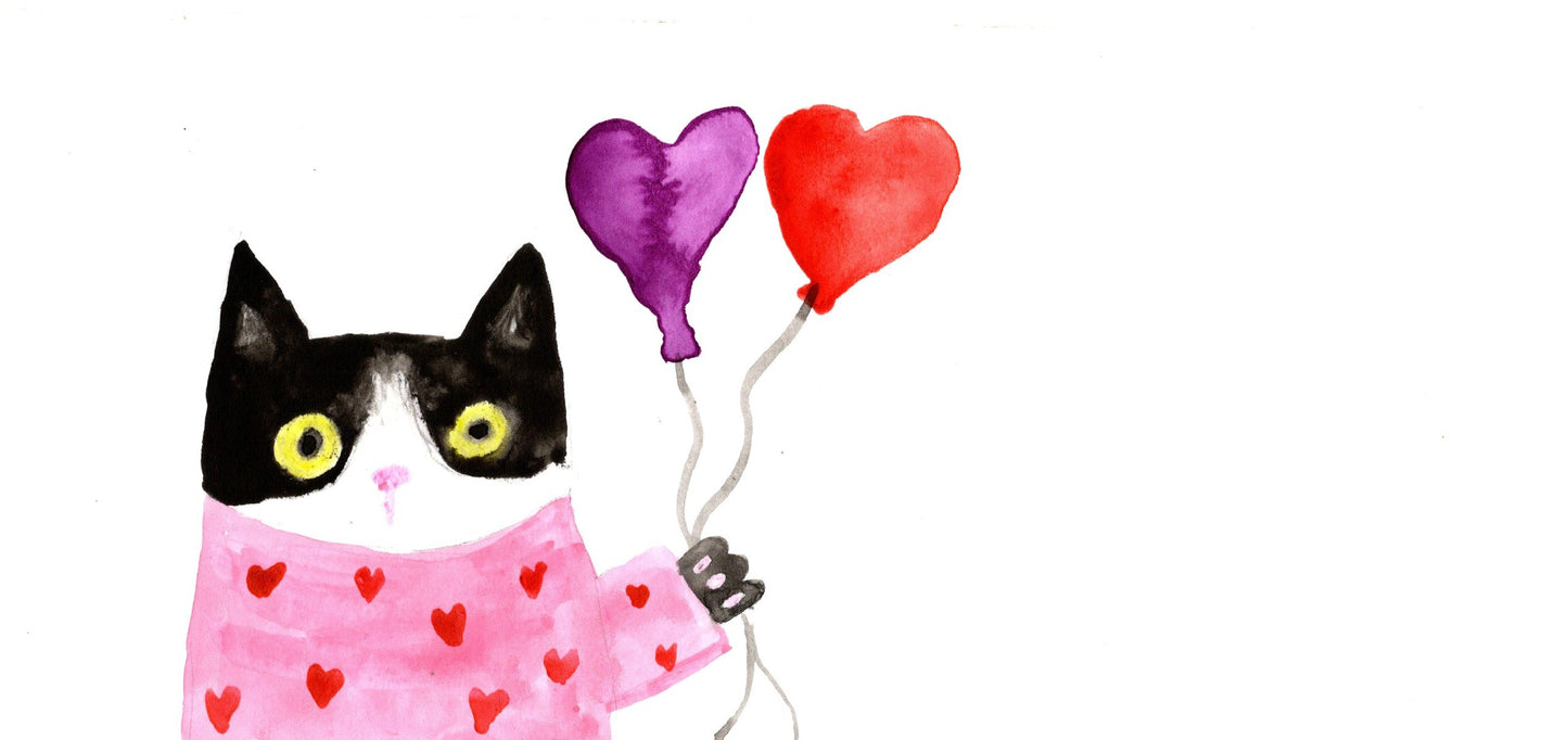 Valentine Cat Art Print – Cute Tuxedo Cat with Heart Balloons in Pink Sweater – Whimsical Watercolor Cat Illustration Wall Decor