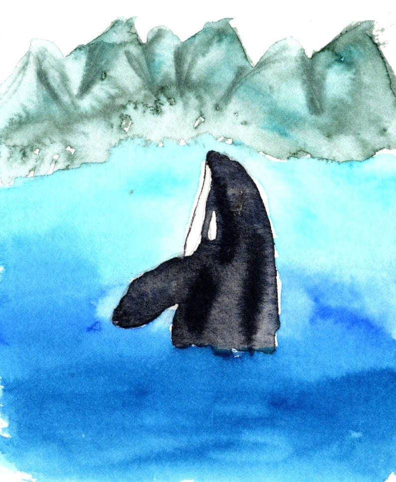 Orca Watercolor Art Print – Whale Breaching in Ocean Scene with Mountains